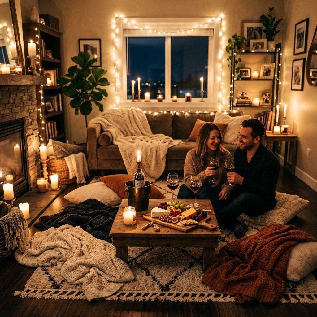 A cozy living room set up for a romantic anniversary date with candlelight, blankets, and pillows on the floor