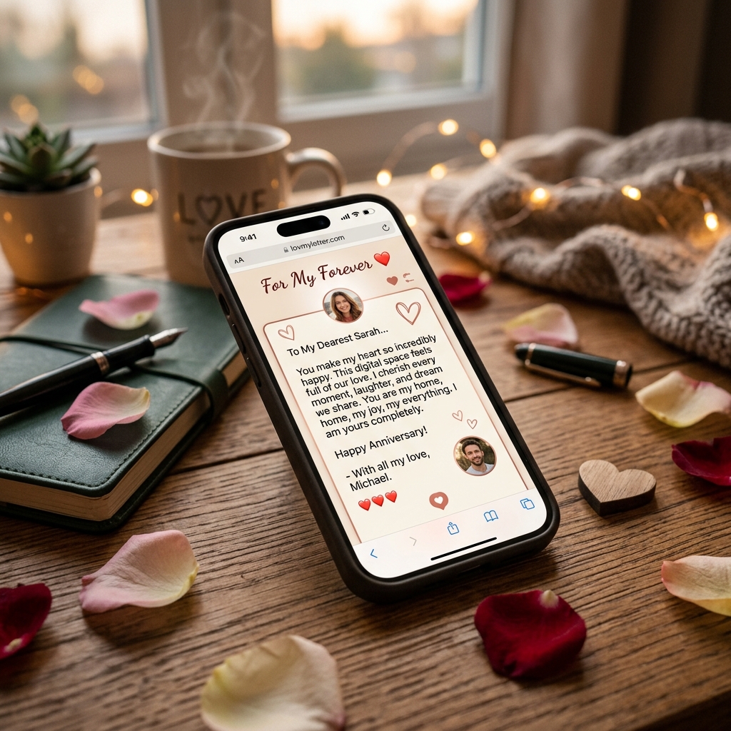 A romantic depiction of an online love letter on a smartphone screen next to rose petals