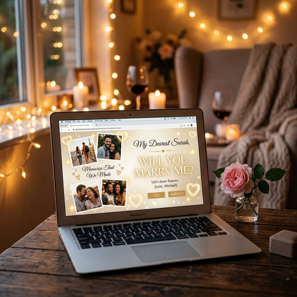 A romantic digital proposal letter showing 'Will you marry me?' message on a laptop screen