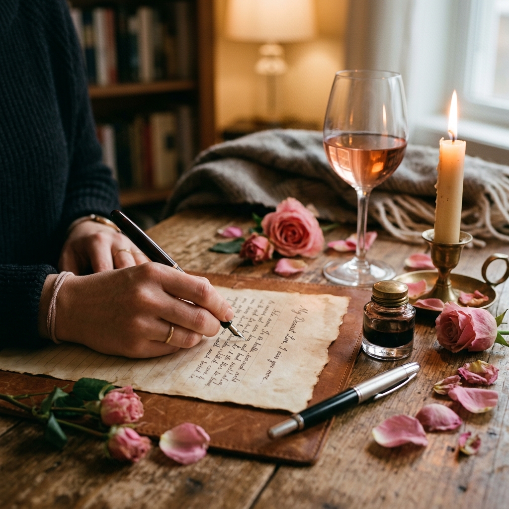 A hand writing an anniversary love letter with a fountain pen on vintage paper with candlelight