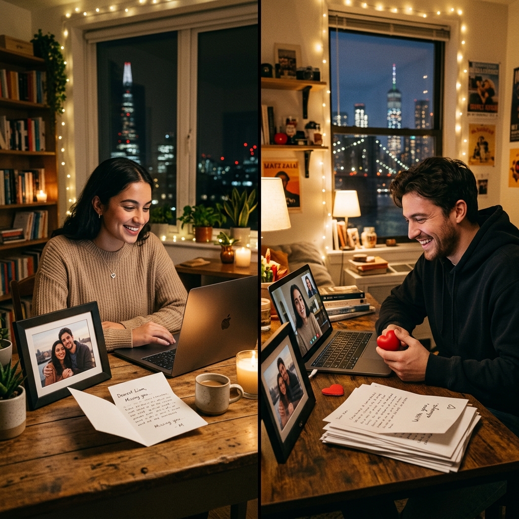 A split-screen illustration showing two lovers in different cities connecting through gifts and digital screens
