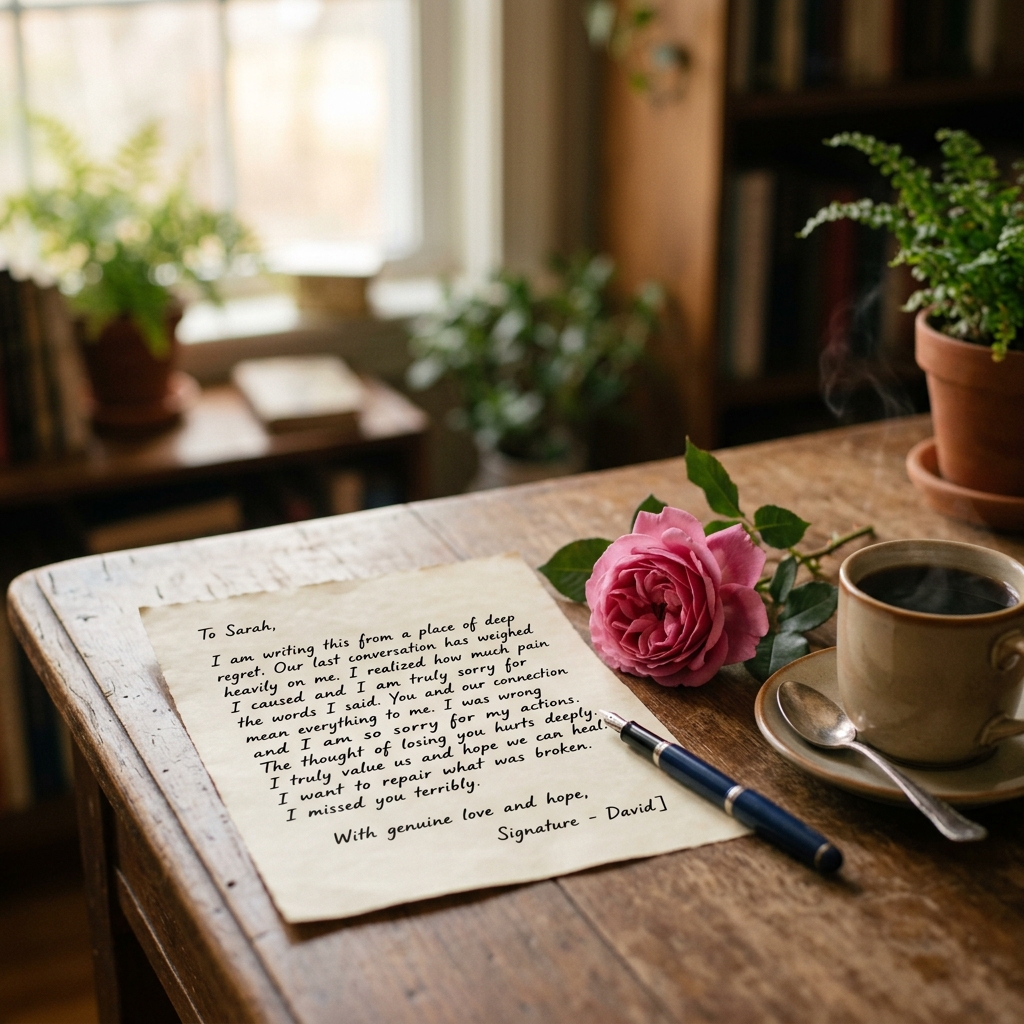 A sincere reconciliation letter on a desk next to a single rose under warm light