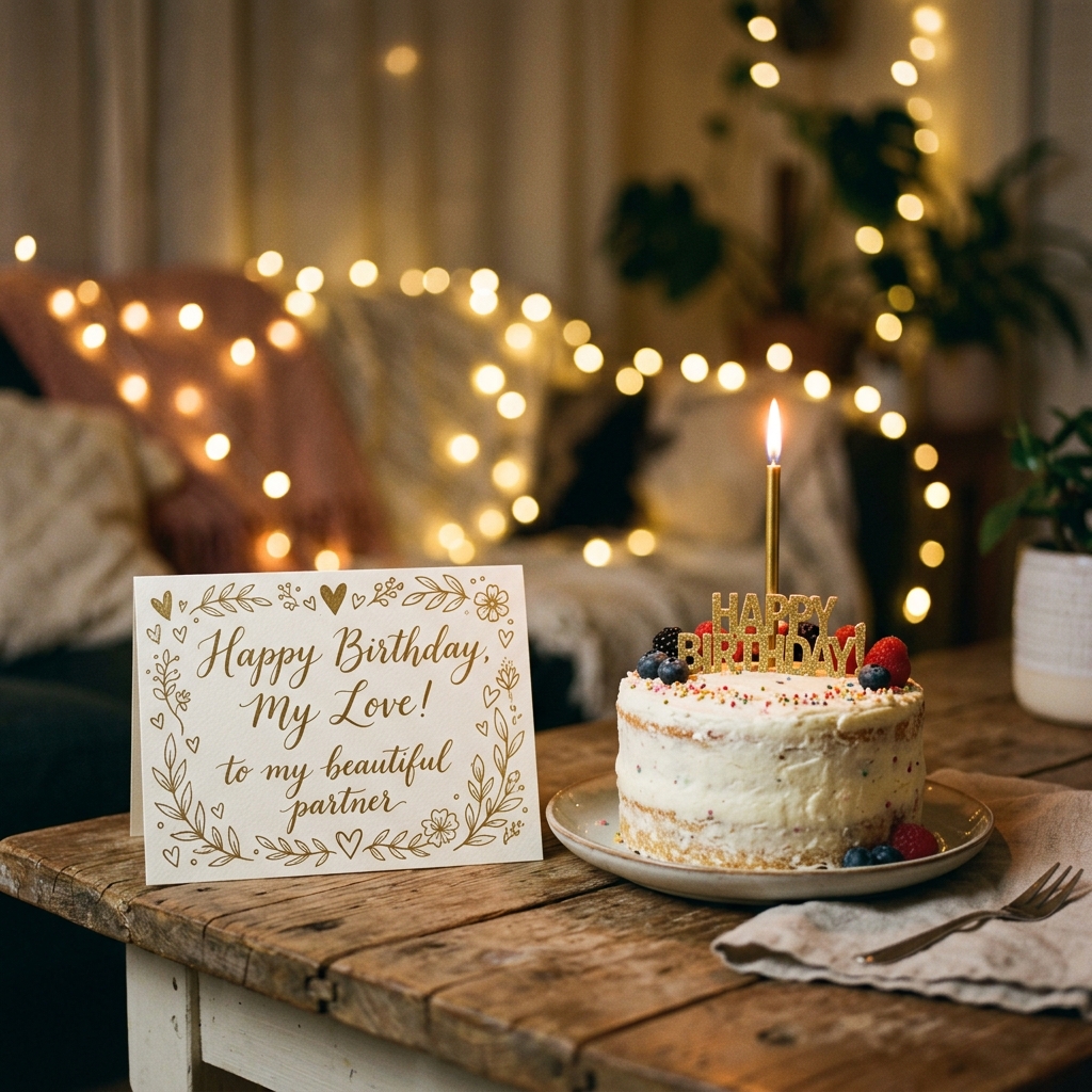 A beautiful handwritten birthday card next to a birthday cake with a single candle and fairy lights