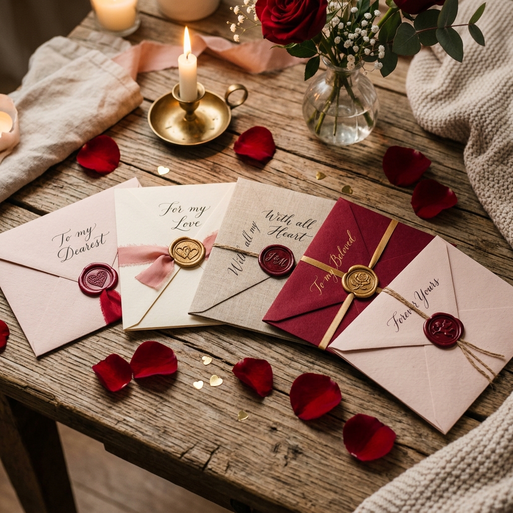 A collection of beautifully sealed Valentine's day love letters on a wooden table with rose petals