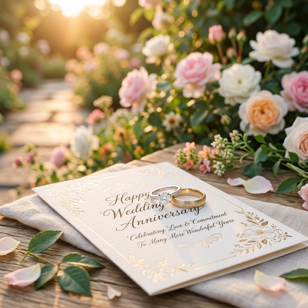 Wedding rings placed on top of a heartfelt wedding anniversary wishes card